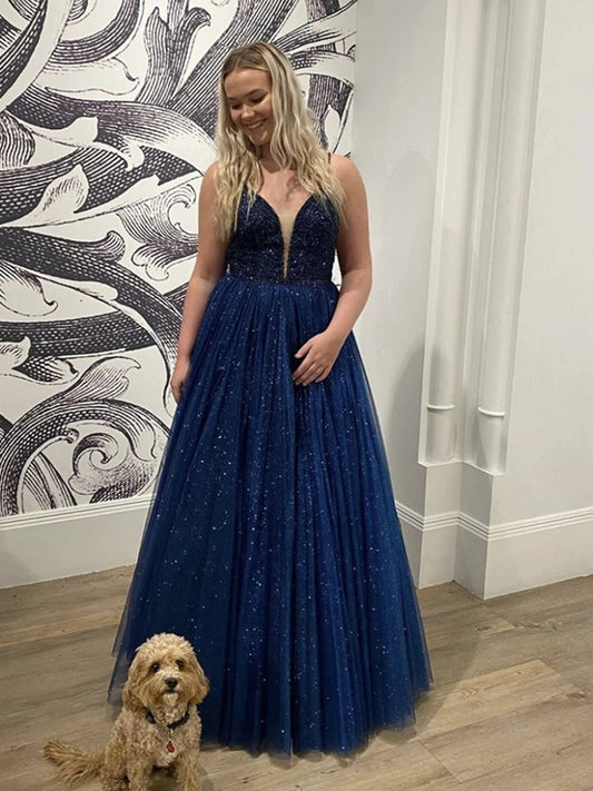 Glänzendes, dunkles Marineblau, langes A-Linien-Abendkleid mit Herzausschnitt und offenem Rücken