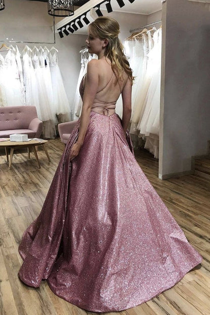 Shiny Long A-line Spaghetti Straps Open Back Formal Evening Dresses