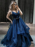 Vestido de graduación de tul esponjoso con escote en V, largo y brillante, con cinturón