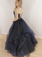 Vestidos de fiesta formales brillantes de corte A largo con escote en V, tul con cuentas y espalda abierta
