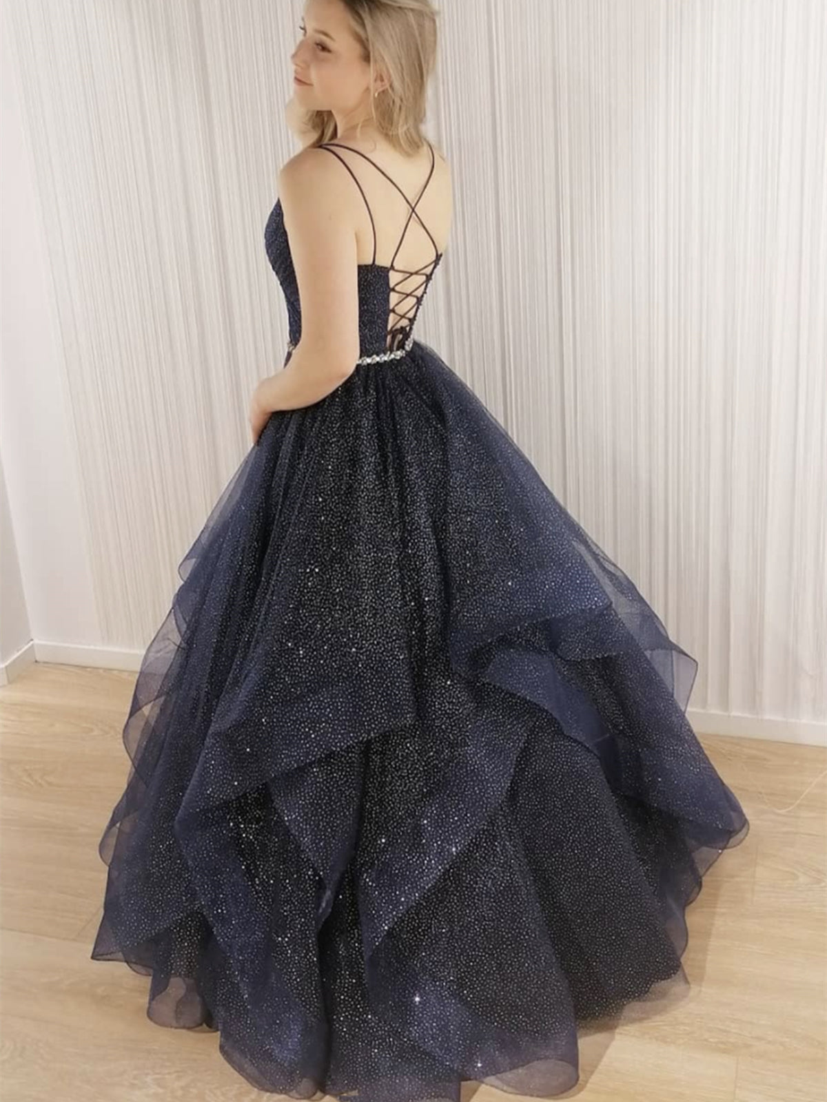 Shiny Long A-line V-neck Tulle Beading Open Back Formal Prom Dresses