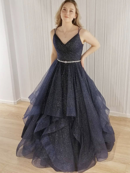 Shiny Long A-line V-neck Tulle Beading Open Back Formal Prom Dresses