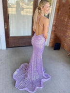Shiny Long Mermaid V-neck Backless Sequins Formal Evening Prom Dresses