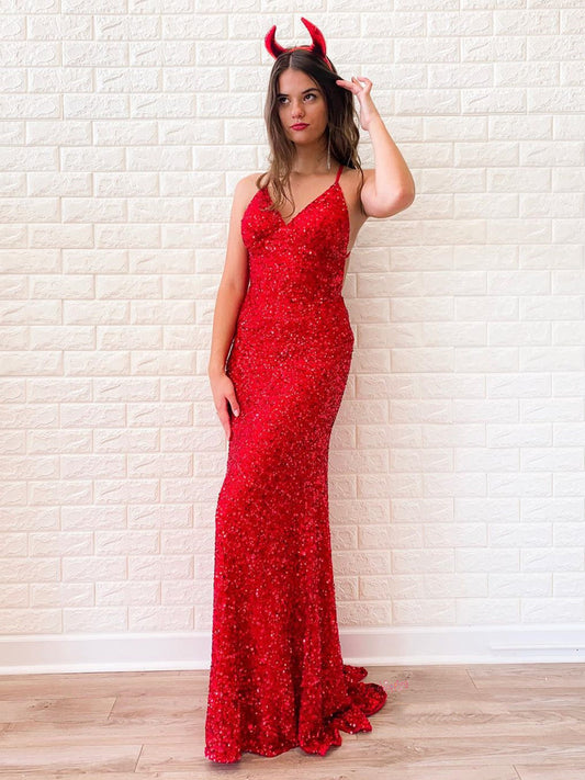 Glänzend rotes langes Meerjungfrau-Abendkleid mit V-Ausschnitt und Pailletten, rückenfrei