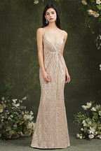 Vestido de dama de honor/baile de graduación con tirantes finos, escote en V y corte sirena hasta el suelo con lentejuelas brillantes