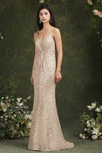 Vestido de dama de honor/baile de graduación con tirantes finos, escote en V y corte sirena hasta el suelo con lentejuelas brillantes
