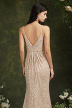 Vestido de dama de honor/baile de graduación con tirantes finos, escote en V y corte sirena hasta el suelo con lentejuelas brillantes