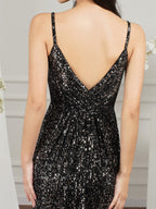 Vestido de dama de honor/baile de graduación con tirantes finos, escote en V y corte sirena hasta el suelo con lentejuelas brillantes