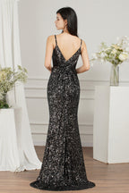 Vestido de dama de honor/baile de graduación con tirantes finos, escote en V y corte sirena hasta el suelo con lentejuelas brillantes