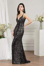 Vestido de dama de honor/baile de graduación con tirantes finos, escote en V y corte sirena hasta el suelo con lentejuelas brillantes