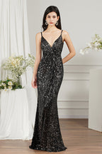 Vestido de dama de honor/baile de graduación con tirantes finos, escote en V y corte sirena hasta el suelo con lentejuelas brillantes