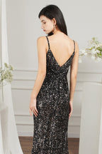 Vestido de dama de honor/baile de graduación con tirantes finos, escote en V y corte sirena hasta el suelo con lentejuelas brillantes