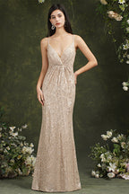 Vestido de dama de honor/baile de graduación con tirantes finos, escote en V y corte sirena hasta el suelo con lentejuelas brillantes