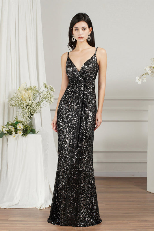 Glänzende Pailletten Spaghettiträger V-Ausschnitt Bodenlanges Meerjungfrau Brautjungfern-/Ballkleid