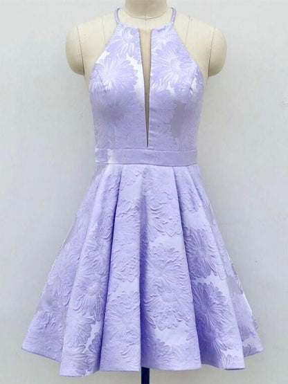 Short A-Line Deep V-Neck Halter Sleeveless Homecoming Dress