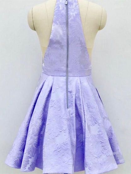Short A-Line Deep V-Neck Halter Sleeveless Homecoming Dress