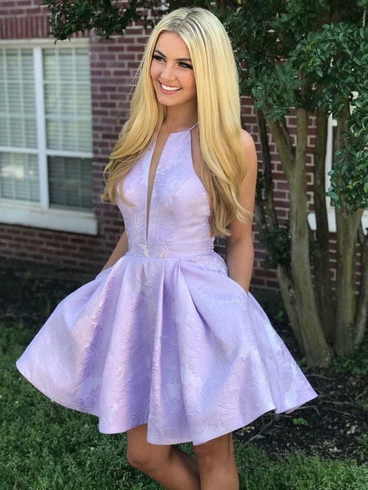Short A-Line Deep V-Neck Halter Sleeveless Homecoming Dress
