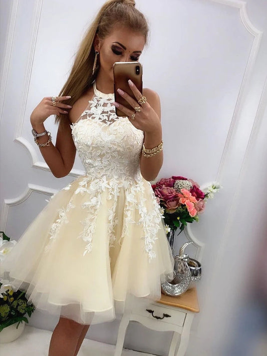 Kurzes A-Linien-Neckholder-Tüll-Spitzen-Ballkleid