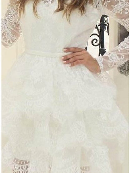 Kurzes A-Linien-Brautkleid aus Spitze und Tüll mit Rundhalsausschnitt und Ärmeln