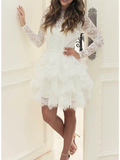 Kurzes A-Linien-Brautkleid aus Spitze und Tüll mit Rundhalsausschnitt und Ärmeln