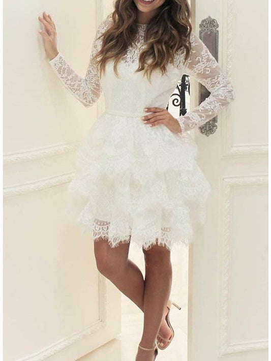 Kurzes A-Linien-Brautkleid aus Spitze und Tüll mit Rundhalsausschnitt und Ärmeln