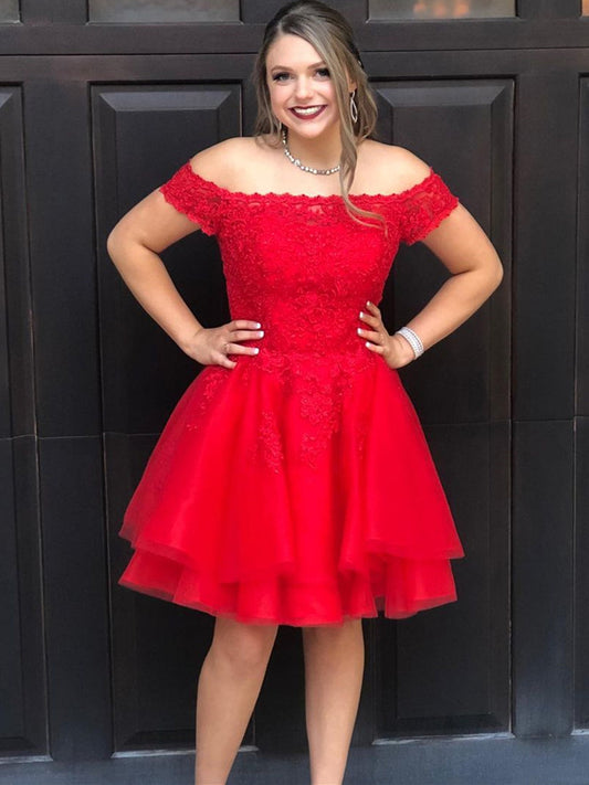 Kurzes A-Linien-Abendkleid mit schulterfreiem Spitzentüll in Rot