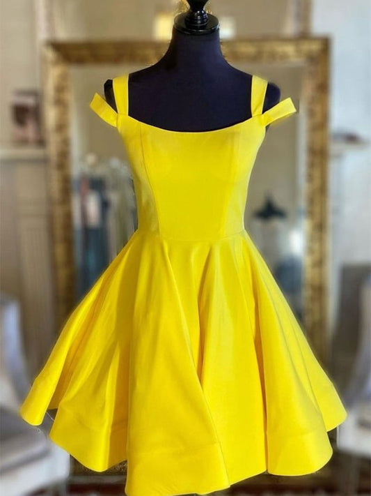 Short A-line Off the Shoulder Satin Prom Homecoming Dresses