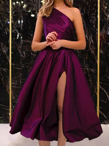Kurzes A-Linien-Kleid mit einer Schulter aus Satin für formelle Abschlussbälle und Heimkehr