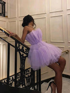 Short A-line Princess Strapless Tulle Prom Homecoming Dresses