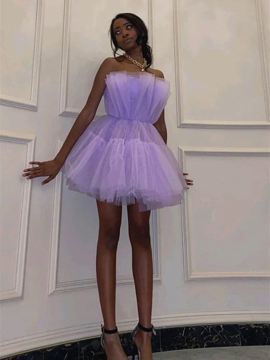 Kurzes A-Linien-Prinzessin-Kleid ohne Träger aus Tüll für den Abschlussball