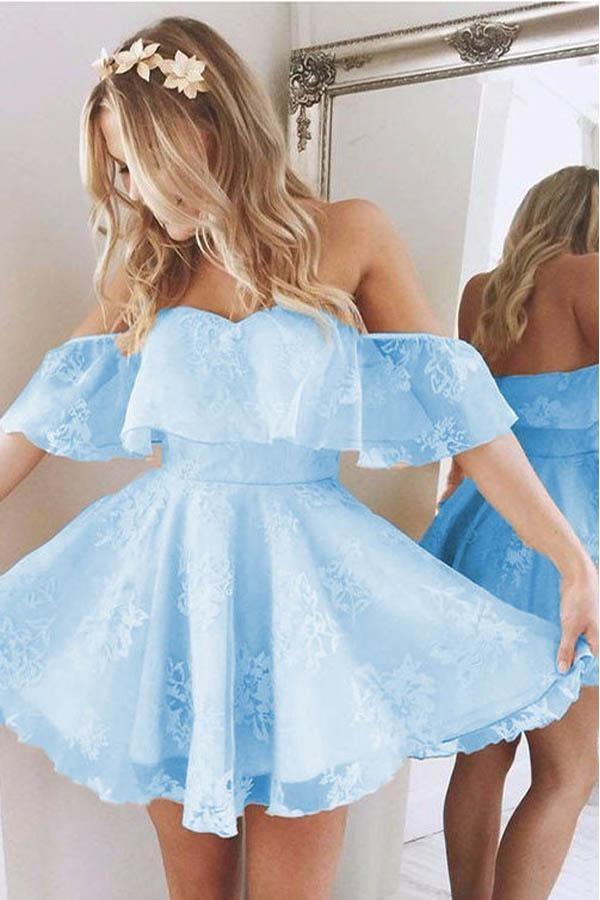 Vestidos de fiesta cortos de encaje con escote en forma de A, hombros descubiertos y volantes, PG180