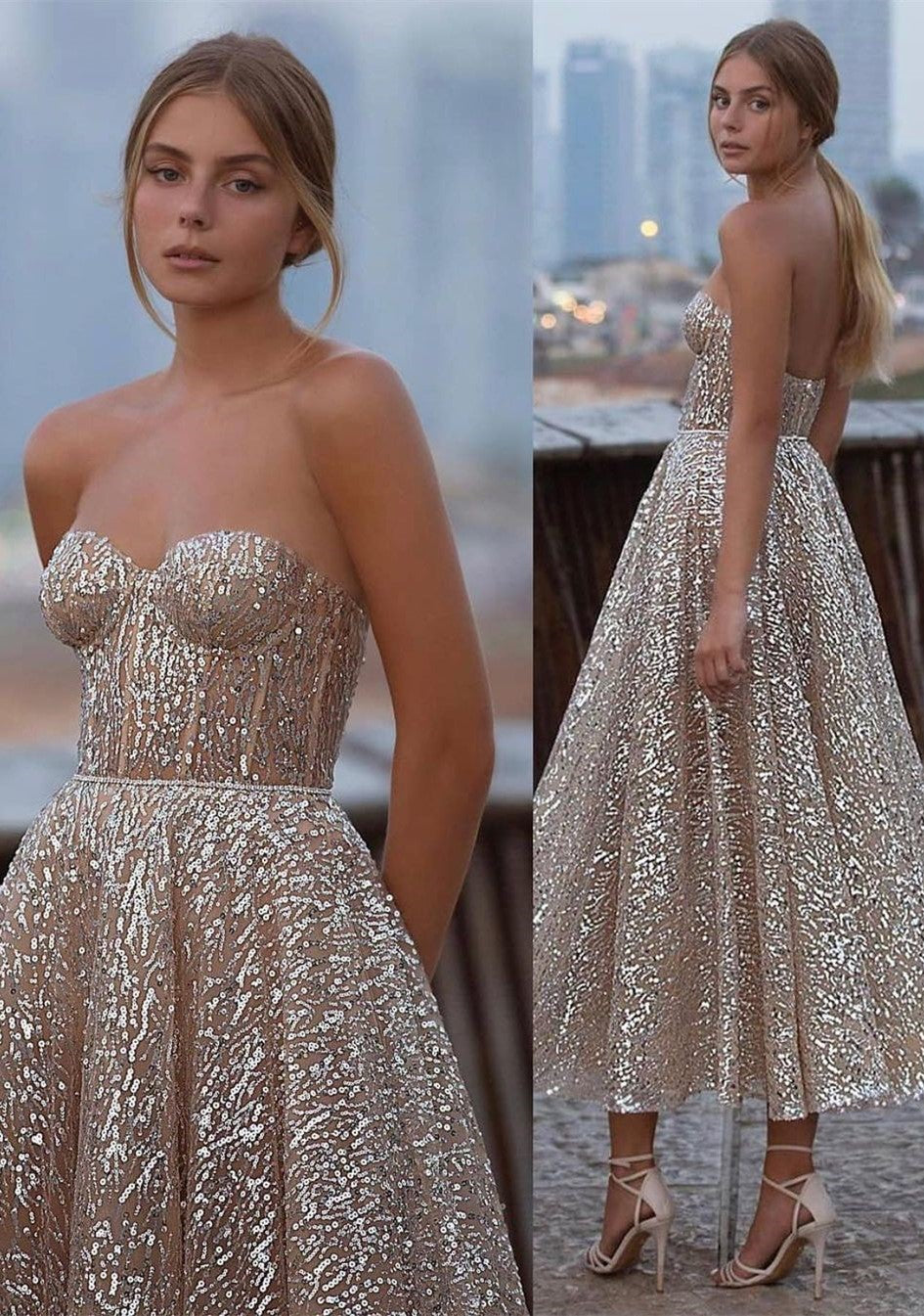 Kurzes, rückenfreies Ballkleid in A-Linie mit Herzausschnitt und Pailletten
