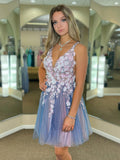 Kurzes A-Linien-Kleid mit V-Ausschnitt, Spitze, Blumenmuster, Tüll, rückenfrei, formelles Ball-/Homecoming-Kleid