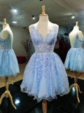 Short A-line V Neck Open Back Lace Prom Dresses Backless Homecoming Dresses