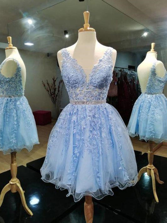 Short A-line V Neck Open Back Lace Prom Dresses Backless Homecoming Dresses