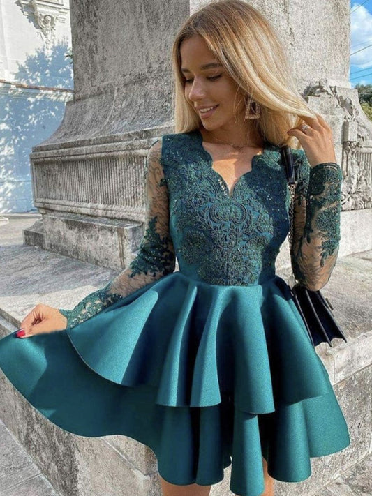 Kurzes A-Linien-Kleid mit V-Ausschnitt, Satinspitze, Abschlussball, Heimkehrkleider mit Ärmeln