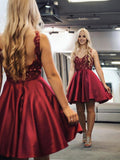 Short A Line V Neck Satin Lace Prom Dresses Burgundy Homecoming Dresses
