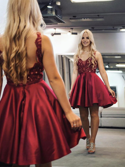 Short A Line V Neck Satin Lace Prom Dresses Burgundy Homecoming Dresses