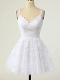 Short A-line V-neck Tulle Lace Backless Prom Dress white Homecoming Dresses
