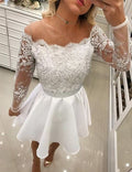 Kurzes A-Linien-Ballkleid aus weißer Spitze und Chiffon mit langen Ärmeln