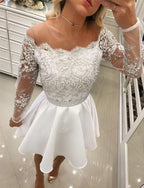 Kurzes A-Linien-Ballkleid aus weißer Spitze und Chiffon mit langen Ärmeln