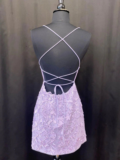 Short Mermaid Lace Open Back Prom Dress Purple Formal Evening Dresses