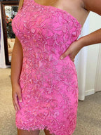 Kurze Meerjungfrau One-Shoulder-Spitzen-Ballkleider, Rosa Homecoming-Kleider
