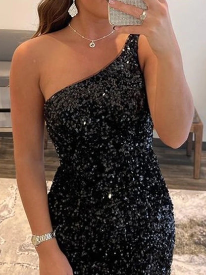 Kurze Meerjungfrau One-Shoulder Pailletten Rückenfreies Ballkleid Schwarze Homecoming Kleider