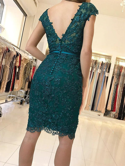Kurzes Meerjungfrau-Kleid mit V-Ausschnitt und rückenfreiem Tüll und Spitze, formelles Abschlussball-/Homecoming-Kleid