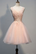 Vestido de fiesta corto rosa perla con espalda descubierta y apliques PG030