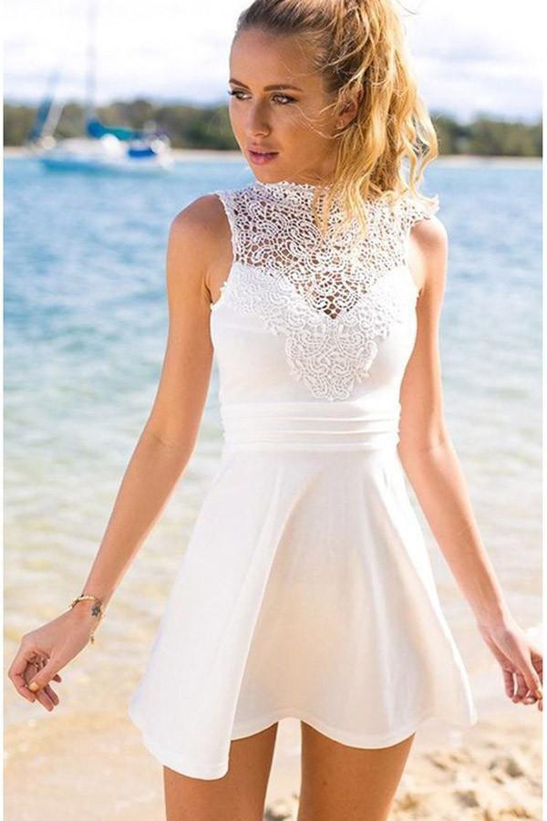 Kurzes, rückenfreies, weißes Homecoming-Kleid aus Stretch-Satin mit Spitze PG128