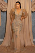 Vestido de fiesta sirena con mangas cortas abullonadas, escote en V, apliques de encaje y largo hasta el suelo