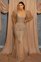 Vestido de fiesta sirena con mangas cortas abullonadas, escote en V, apliques de encaje y largo hasta el suelo
