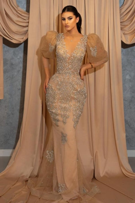 Vestido de fiesta sirena con mangas cortas abullonadas, escote en V, apliques de encaje y largo hasta el suelo